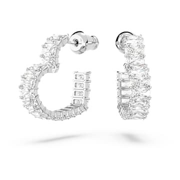 Matrix hoop earrings, Baguette cut, Heart, Small, White, Rhodium plated by SWAROVSKI
