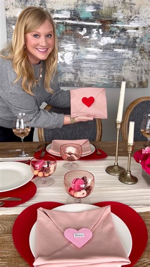 Lots of requests for the napkin tutorial. It’s so easy! For the heart name tags, I cut up the garland that’s linked (comment LINK to shop) so I could put one heart on each place setting. I used some leftover card stock I had from another project to write each name on. Hope this is helpful! Let me know what questions you have. Comment LINK to shop. Valentine’s Day tablescape table setting | Galentine’s brunch ideas | Chicish tablescapes | Valentine’s Day napkin tutorial | Envelope napkin tutorial
