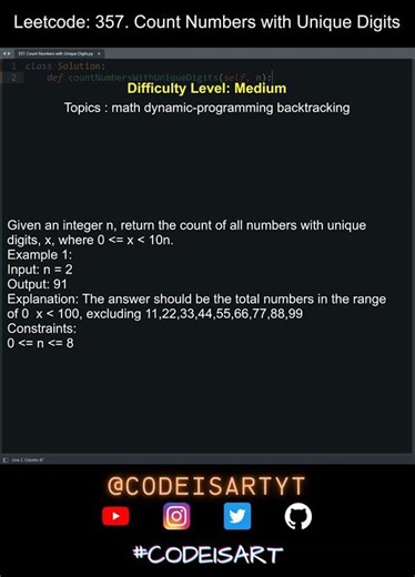 Leetcode 357. Count Numbers with Unique Digits in Python | Python Leetcode | Python Coding Tutorial