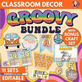Editable Groovy Gnomes Classroom Decor Bundle | Retro Bulletin Board Set
