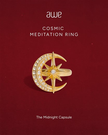 A moving meditation. The senses calm and thoughts begin to focus with a spin of our Cosmic Meditation Ring, a wearable kinetic sculpture that re-centers and grounds even as it inspires. Natural white topaz studs the crescent moon, bringing clarity and resolve to your moment of quiet. | Awe Inspired