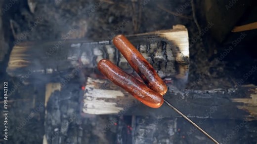 Two hot dogs cooking over a campfire on a metal skewer footage
