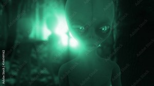 Chilling 3D CGI close-up of classic Roswell style grey aliens standing ominously silhouetted by a mysterious glaring teal light, in the middle of a dark and eerie forest at night