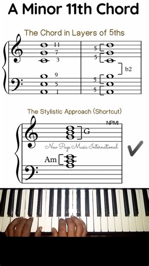‎Stylistic Approach to A Minor 11th Chord (Part Two) 🎹 ‎ ‎Someone may ask, is this not just G major over A minor (G/Am)? Yes, that's the idea! Playing such a large chord (A C E G B D ) as triads: A minor (A C E) with the left hand and G major (G B D) with the right hand. It's indeed a stylistic and simplified ways of playing the chord, designed for young pianists. ‎ ‎The truth is, A minor 11th, being a 6-note chord, is made of the notes: A C E G B D. Playing all the notes at the same time with 
