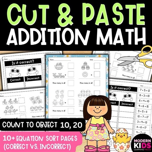 Spring Addition Cut and Paste Math Activities | Prek Kindergarten Counting Worksheets - Etsy