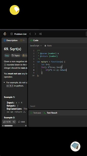 Leetcode 69 sqrt(x) #leetcode #javascript #dsa #shortsfeed #youtubeshorts #shorts #ytshorts #yt