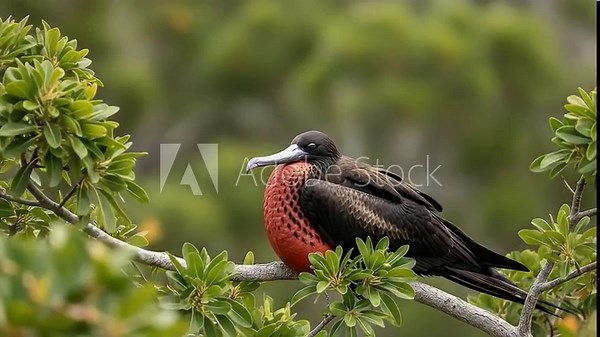 Magnificent Frigatebird Male Displaying Red Gular Pouch on a Tree Branch