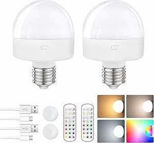 E26 Rechargeable Light Bulb with Remote,Battery Operated Backup Bulb for Sconces & Lamps,15 Colors Selectable,3 Timer,Dimmer,Wireless Puck Light Bulbs for Non-Hardwired,Detachable Charging,2 Pack