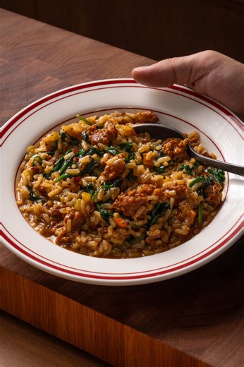 One pot sausage and rice #Ingredients - 1 onion - 1 carrot - 1 stick celery - 2 cloves garlic - 2 chorizo sausages - 2 tbsp olive oil - ½ tsp smoked paprika - Salt and pepper to taste - 120g (4.2 oz) Arborio rice - 500ml (17 ½ oz) chicken stock - 60g (2.1 oz) baby spinach Method#mMethod 1. Peel and finely dice the onion and carrot, finely dice the celery then set aside. 2. Crush and roughly chop the garlic, then set aside. 3. Slice the chorizo into chunks, (3-4cm thick) then set aside. Step 2 1.