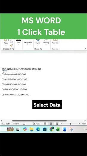 MS Word Table Trick | Convert Text to Table in MS Word in 2 Seconds #shorts #msword