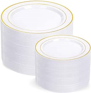 I00000 200 Pcs Gold Plastic Plates - Disposable Party Plates Include 100 Dinner Plate and 100 Elegant Dessert Plate Perfect for Party, Holiday, Wedding & Birthday
