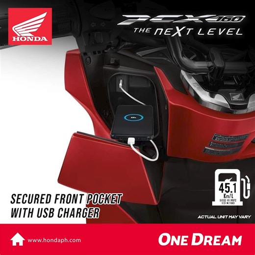 Stay connected, stay charged! ⚡ The PCX160 features a Secured Front Pocket with USB Charger, keeping your gadgets powered and safe. 📱 Get yours now! #PCX160 #TheNextLevel #HondaPH #OneDream | Honda Philippines, Inc.