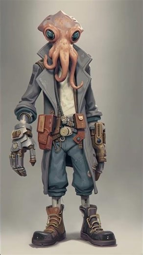 stylized full-body character design of an attractive, scruffy cephalopod alien engineer. humanoid...