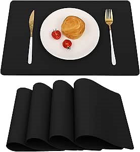 Vinjiasin Placemats Set of 4 Black Leather Place Mats Waterproof Wipeable Heat Resistant Sturdy Rectangle Kitchen Dining Table Mats for Indoor Outdoor Reversible Easy to Clean Decorations