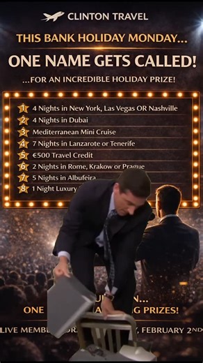 Clinton Travel on Instagram: "🔥 THIS BANK HOLIDAY MONDAY… 🔥 🎤 ONE NAME GETS CALLED. 🎡 THE WHEEL SPINS. ✈️ FATE DECIDES THE HOLIDAY. This isn’t a normal giveaway. One Clinton Travel Member will be picked at random on our LIVE draw. Their name goes up on the screen… They spin the wheel live… And whatever it lands on — THAT’S THE PRIZE THEY WIN. 🌍 From New York, Dubai & Europe 🚢 To a Mediterranean Cruise ☀️ Or a sun holiday, city break or luxury stay 👉 You don’t choose the prize. The wheel d