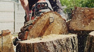 Chainsaw cutting through a tree trunk with sawdust flying, person operating in the background. Logging and woodworking concept. Design for poster, banner, and header. Outdoor scene.