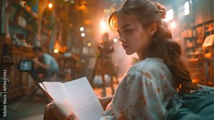 back shot of an actress sitting on a chair in a movie set, holding and reading a script in one hand. generative ai