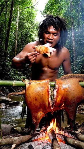 Primitive Giant Wild Boar Roast by the Stream | Tribal ASMR Jungle Cooking