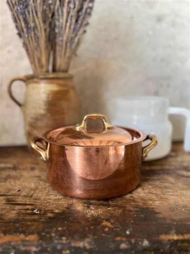 Vintage French Solid Copper Casserole Pot With Brass Handles & Lid - Etsy