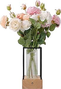 Flower Vase for Decor Clear Vase Wood Base and Black Metal Accents USB Cable&Battery Power RGB LED Light 7 Colors 3 Gradients Modern Decorative Centerpiece/Wedding/Party