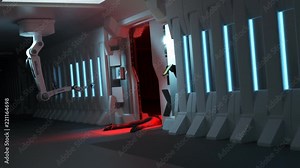 Space station robot mutiny causing terror and horror on a shuttle's corridor. 4K