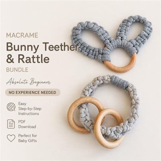 Macrame Baby Bundle Tutorial PDF | Bunny Ears Teether and Rattle Pattern | Easy Beginner Craft Project | Baby Shower Gift DIY | Nursery Set - Etsy
