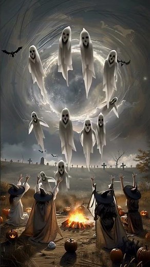 Dark Witches Summoning Ghosts in Circle - Halloween Spirit Conjuring Scene AI Art Spooky Creepy Reel