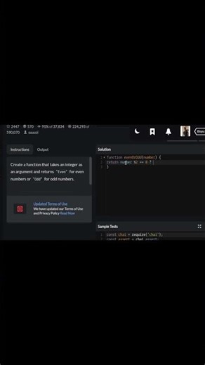 أسهل طريقة لحل تحدي Even or Odd في JavaScript! 💻 #shorts #codewars #coding #programming
