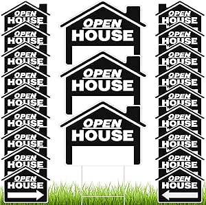 Pinkunn 21 Pack Open House Signs for Real Estate – Directional Signs with Stakes, Outdoor Open House Supplies Metal H Stakes Weather Proof with Directional Arrows for Yard(Black)