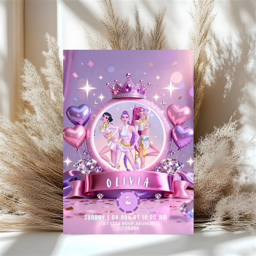 Kpop Birthday Invitation Editable Canva | Pink Purple Party Invite Template | Custom Photo Invitation - Etsy