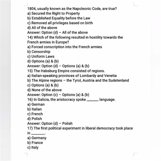 SST MCQ, class 10 (X) The Rise of Nationalism in Europe