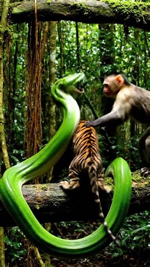 Smart Mother Monkey Uses Tree Branch to Beat Giant Snake Saving Tiger Cub from Death in a Split Seco