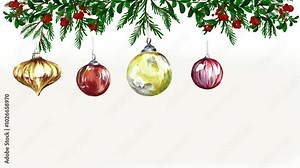 Watercolor fir tree, Christmas and New Year background, hand painted floral design, green leaves, red rowan berries, mistletoe, ecology design, animation, botanical illustration animation