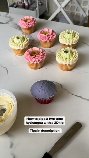 How to pipe a two tone hydrangea using a 2D piping tip. Every baker should have this in their kit 🙌🏼Tips:🌸 make sure your buttercream is soft 🌸 dome ice your cupcake to give height in the centre 🌸 slightly hover above the cake and allow the petals to ‘frill’ 🌸 I used Colourmill violet for this shade Happy piping lovelies 🧁#adelaidebakes #buttercream #edibleart #cupcakeinspo #cupcakeartist #floralpiping #cakelove #cupcakes #cupcakeart #cupcakeoftheday #instacake #cakesofinstagram #floralcu