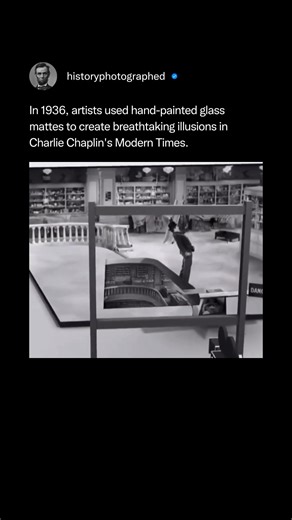 Since CGI didn't exist at the time, artists hand-painted a glass matte and carefully positioned the camera to create a breathtaking illusion in this Charlie Chaplin scene. For the iconic roller-skating scene that appears to show Chaplin on the edge of a towering drop, artists hand-painted a cityscape onto a sheet of glass, which was then positioned precisely in front of the camera to create a seamless illusion of height. Credit: Roy Export S.A.S. | History In Pictures
