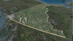 Yukon, territory with its capital, zoomed and extruded on the satellite map of Canada in the conformal Stereographic projection. Animation 3D