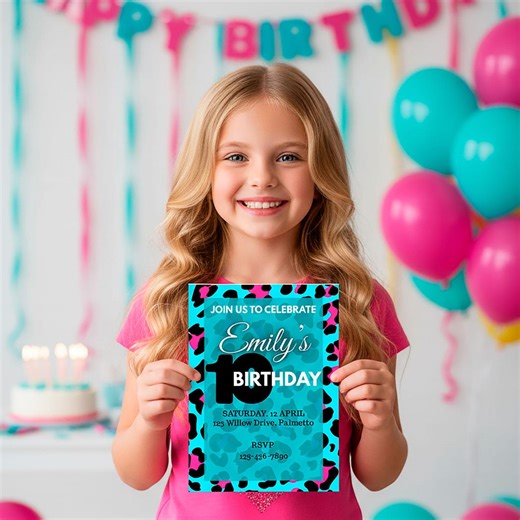 Leopard Print Birthday, Animal Print Birthday Digital Invitation, Party Invite for Girls, Safari Party, Pink, Cyan, Magenta or Purple. - Etsy