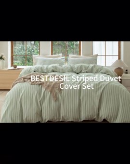 Sage Green and White Striped Duvet Cover,100% Washed Cotton Breathable and Linen Like Bedding Set(Strip-Sage Green/White,Full)