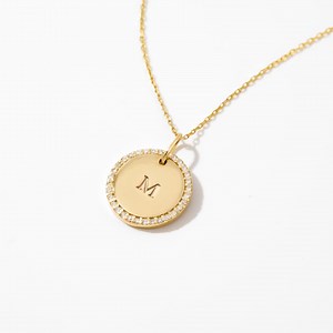Engravable 14K Solid Gold Diamond Disc Necklace: Personalized Initial Pendant Necklace - Etsy