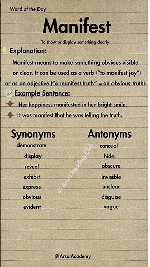 Manifest Meaning | Vocabulary with Examples, Synonyms & Antonyms | Arsal Reading Club #shorts