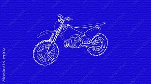 Blueprint of motorcycle rotating . White line art against blue background paper texture. Looping 3d animation , rendering
