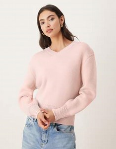 Mango - Pull en maille épaisse à col en V - Rose pâle | ASOS