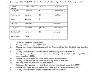 1. Create aa table STUDENT with the following fields and perfor... | Filo
