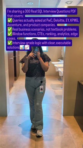 Shubhanshi Mishra on Instagram: "Most SQL interview rejections don't happen because candidates don't know SQL. They happen because candidates practice the wrong kind of SQL questions. Top companies don't ask basic SELECT-WHERE queries. They test how you think with data under real-world constraints. That's exactly why I created this resource. I'm sharing a 300 Real SQL Interview Questions PDF that covers:⤵️ ✅Queries actually asked at PwC, Deloitte, EY, KPMG, Accenture, and product companies ✅Real