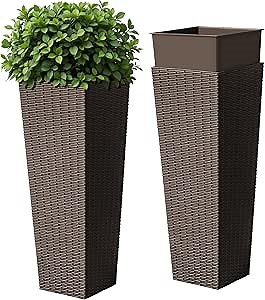 Devoko Resin Tall Planters for Outdoor Plants Set of 2, Large Taper Outdoor Planter Pots with 4 Drainage Holes, Flower Pots Modern Decor for Porch, Patio, Backyard, Home Garden (Brown, 32")