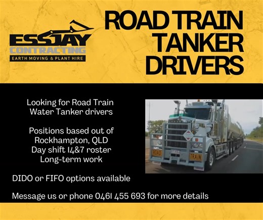 🚛 MC Drivers wanted for immediate start 🚛 Essjay Contracting is looking for a experienced Road Train Water Tanker Drivers to join our team in the Rockhampton region. What’s on Offer: - Competitive hourly rate 💰 - Immediate start available - Ongoing 14&7 day shift roster - DIDO & FIFO options - Modern fleet of trucks and tankers - Local work with a reputable, family-owned company ✅ Requirements: - Current MC Licence - RII for bulk water - Construction Industry White Card - Abilty to pass a Dri