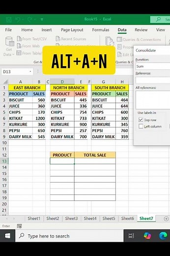 Consolidate Function in Excel | Merge Multiple Sheets Data #excel #shorts #learnexcel