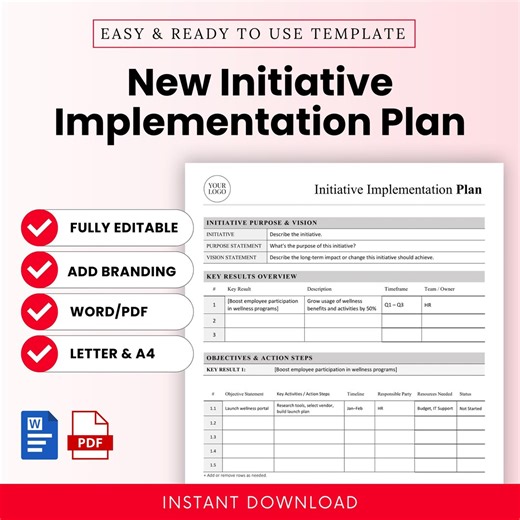 Initiative Implementation Plan Template – Word & PDF, A4   US Letter - Etsy