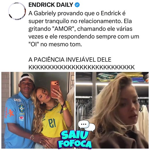 Enquanto a Gabriely grita de forma super empolgada, a tranquilidade do Endrick respondendo um “Oi” calmo e idêntico todas as vezes parece até um looping de áudio gravado. A paciência dele virou meta de relacionamento para muita gente na internet. 😂❤️