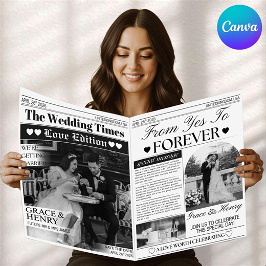 Wedding Newspaper Template, Custom Newspaper Template, Printable Engagement Announcement, Large Newspaper, Wedding Program, Canva Editable - Etsy